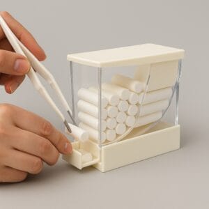 جای رول پنبه کشویی تکسان نصب‌شده روی یونیت دندانپزشکی برای دسترسی سریع و بهداشتی به رول‌های پنبه.