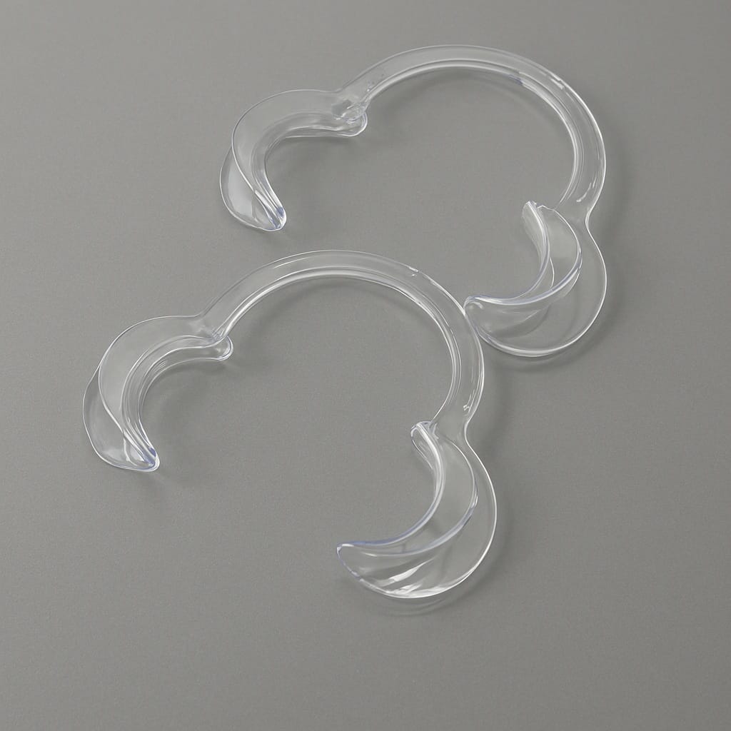 دهان بازکن نعلی در دو سایز برای دندانپزشکی دو دهان بازکن نعلی شفاف در سایزهای متفاوت برای معاینات و جراحیهای دندانپزشکی.